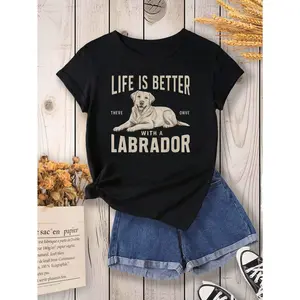 "Life is Better With a Labrador" Print T-Shirt - Women's Dog Lover Graphic Tee, Short Sleeve Crew Neck Casual Top