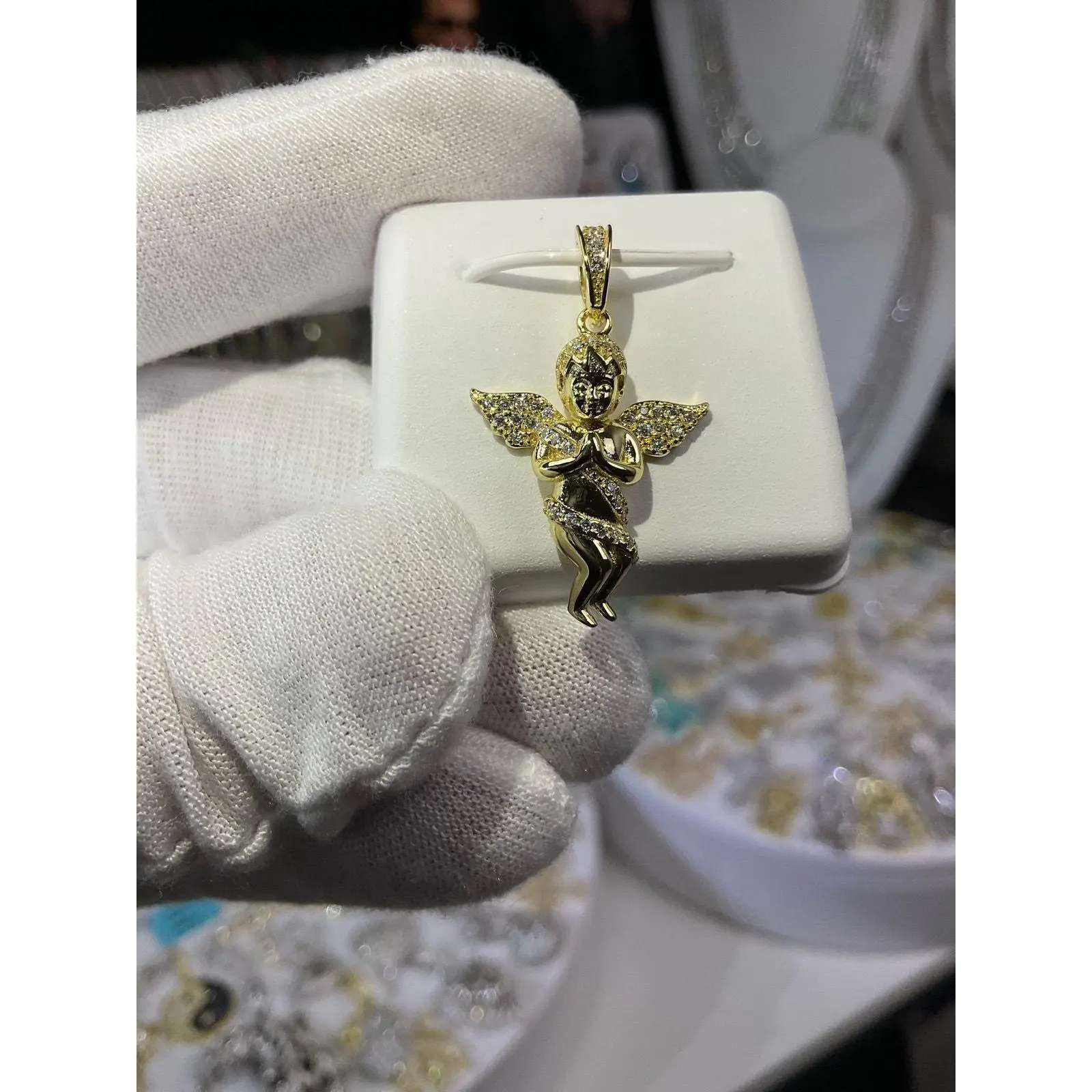 Superior Silver Gold Vermeil VVS Moissanite Cherub-Praying Angel Pendant Necklace, Wearable Art Piece for Jewelry Enthusiasts