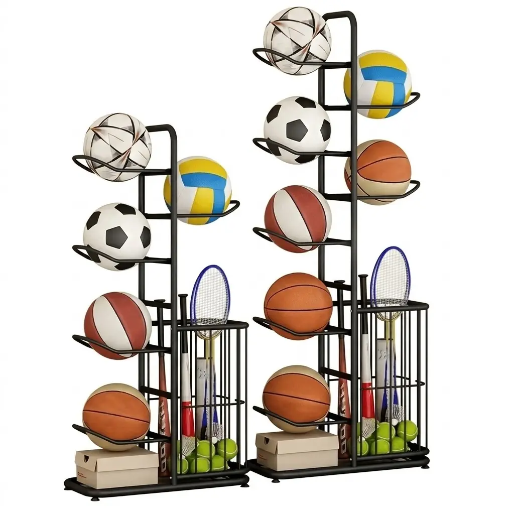 Household Basketball Storage Rack with Storage Basket, Multi-Layer Sports Ball Organizer, Floor Standing Metal Rack for Basketball, Football, Soccer Ball, Volleyball, Badminton Racket & Sports Equipment Storage Shelf for Garage Home Gym