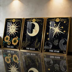 3Pcs Aluminum Alloy Framed Painting, Sun Moon Star Tarot Picture, Home Decoration For Living Room, Bedroom, Office, Restaurant, Hallway Wall Decor, Odorless Print Artwork, Luxury Perfect Gift For Friends And Family