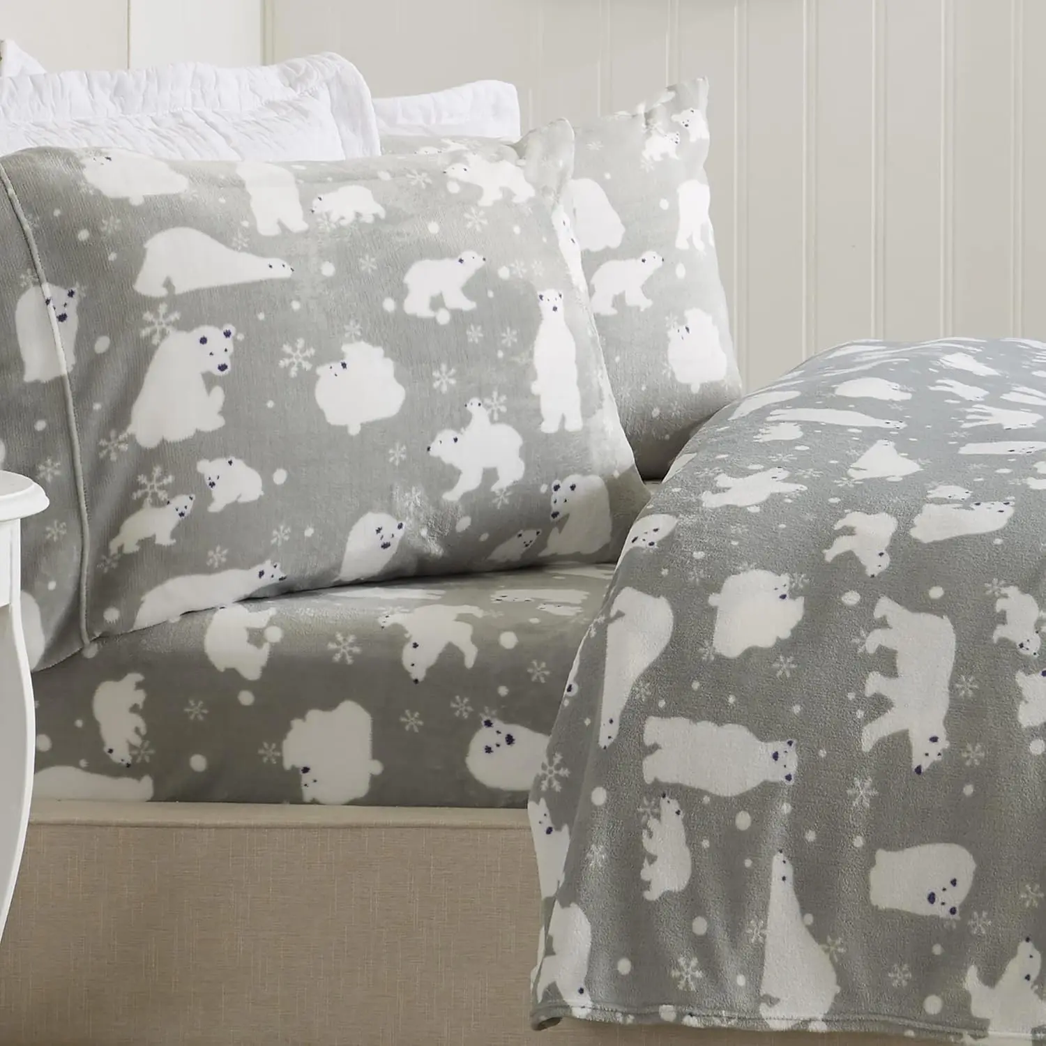 03-Winter Animals Grey Polar Bears Twin Microplush Sheet Set - Sherpa Velvet, Luxe Look, Wrinkle-Resistant, Fade-Resistant, Deep Pocket, Non-Pilling, Durable, Machine Washable Bedding with 07-Penguins, 09-Watercolor Damask-Blue & California King Option