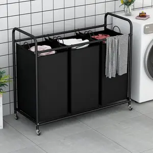 3-Bag Laundry Basket Sorter Laundry Hamper Cart Clother Container Metal Organiser with Heavy Duty Rolling Lockable Wheels and Removable Bags (Black+Beige+Brown+Grey+Assorted) Deals For You Days