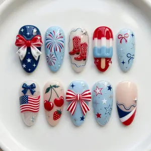Handmade 4th of July Nails Press On Nails | Cute Y2K Almond Nails | USA Flag Cherry Popsicle Bow Art Nail | Fourth Of July Nail Set