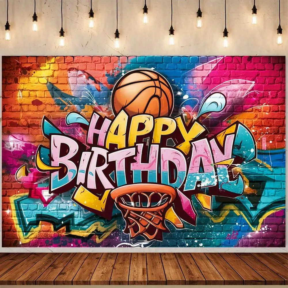 1pc Basketball Birthday Party Banner - Large Happy Birthday Backdrop Decoration with Graffiti Hoop Design, Orange/Pink/Blue/Purple/Black/teal Colors - for Basketball-Themed Parties, Photo Booths,, Polyester