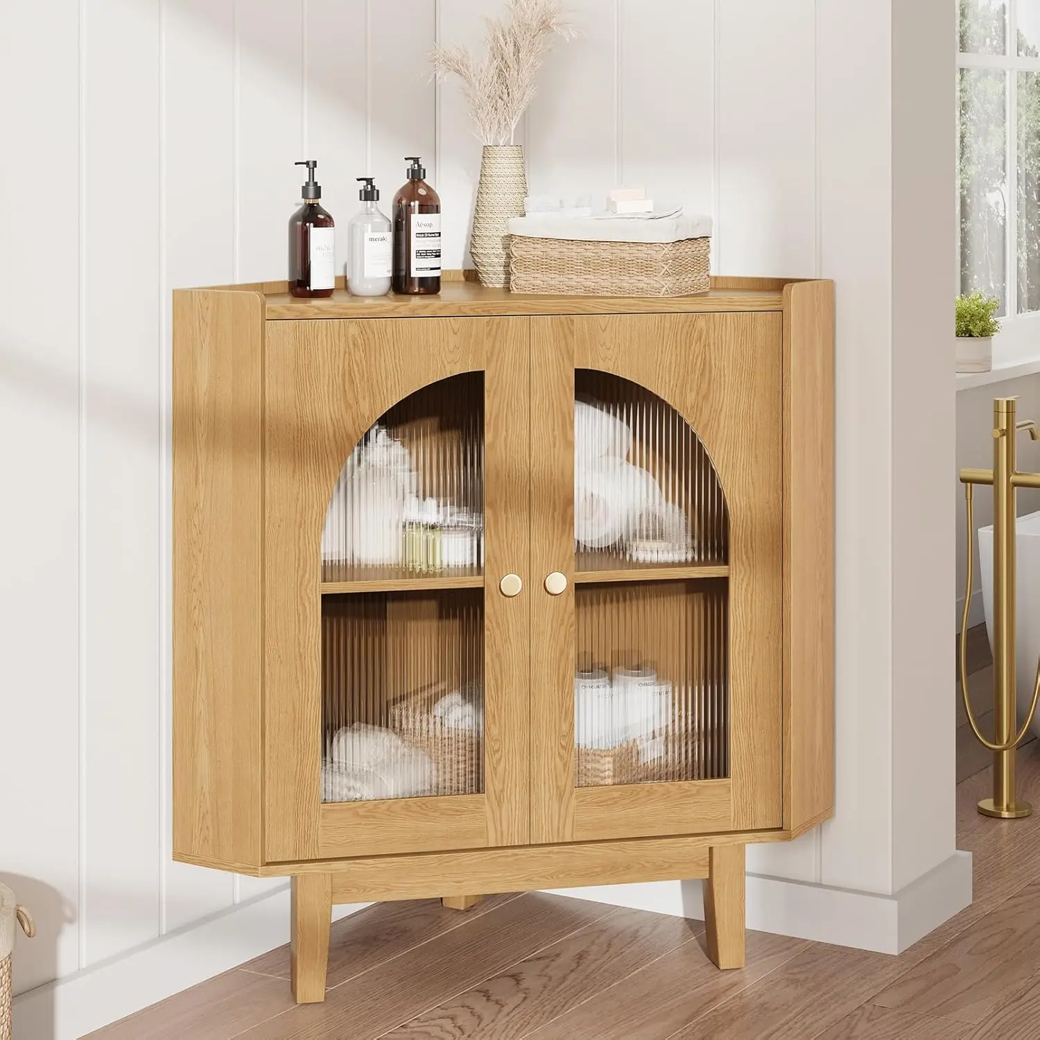 Floor Corner Cabinet with Doors and Shelves, Fluted Storage Cabinet Freestanding Corner Cabinet for Bathroom, Kitchen, Living Room, Wood