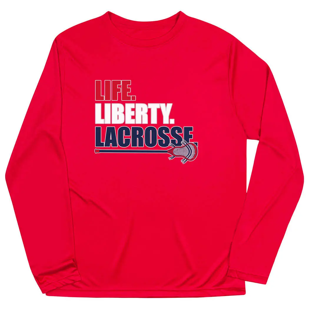 Male Long Sleeve Performance Sports T-Shirt - Life Liberty Lacrosse Slogan, Training-Focused, Breathable Fit, Moisture-Wicking Fabric, Patriotic Print, US Pride