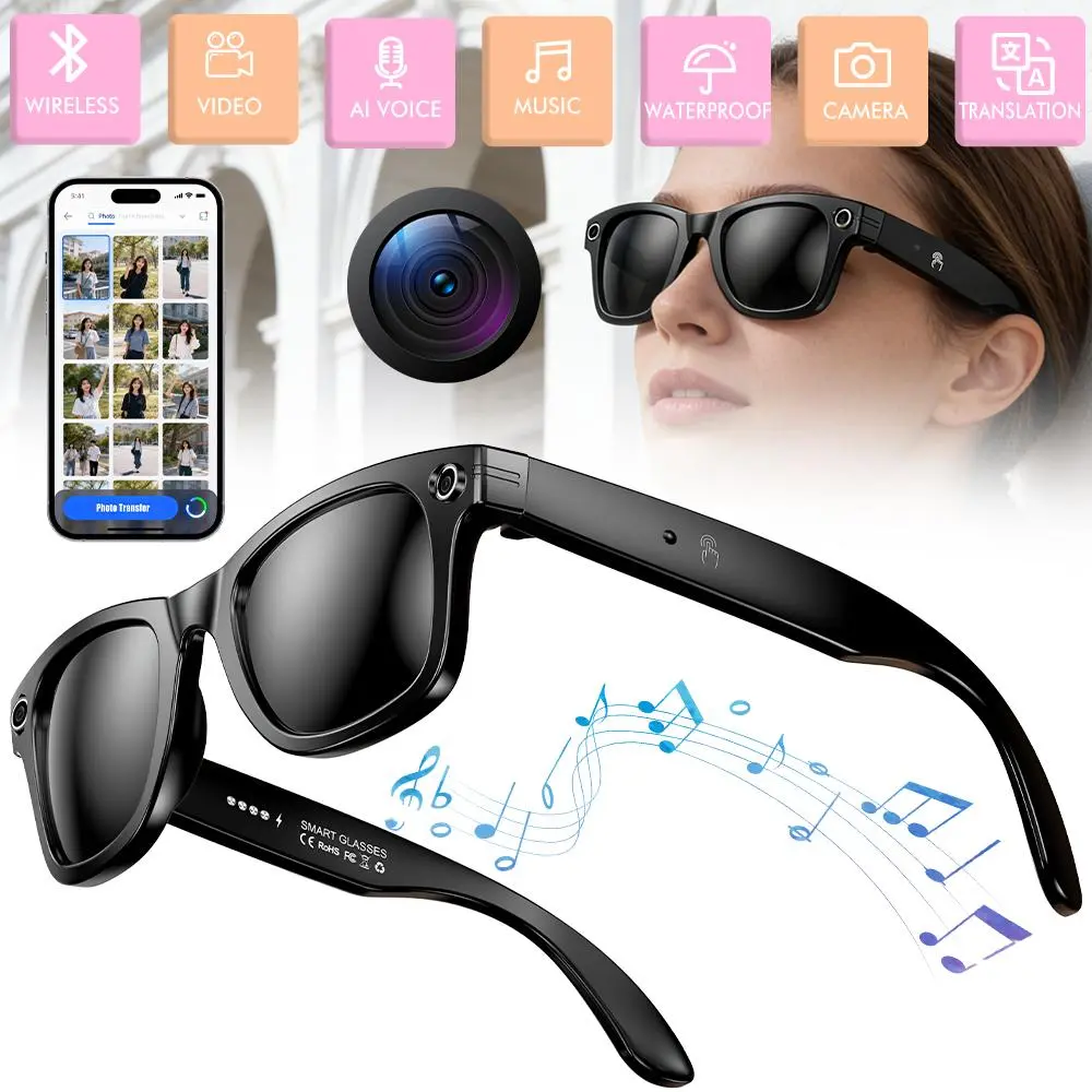 【DealsForYou】Smart AI camera glasses with photochromic lenses, touch-sensitive button controls, designed for travel and outdoor adventures, hands-free photography, real-time translation in 160+ languages, Bluetooth wireless wearable video recording