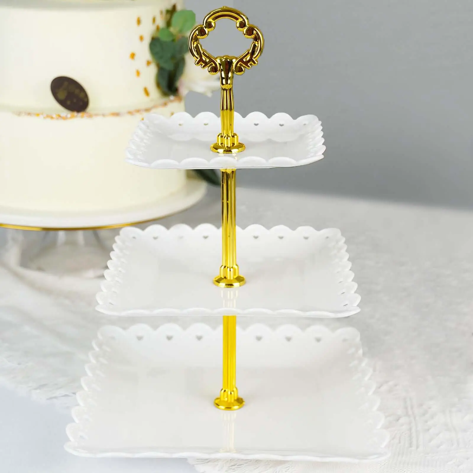 13" White 3-Tier Plastic Square Cupcake Stand Set - Cupcake Holder with Heart Wavy Edges, Gold Top Handle, Lightweight, Easy to Install, Holiday Home Decoration Dessert Tray for Weddings, Christmas Parties, Heart Edges