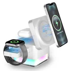 15W Wireless Charger, Smart Charging Dock, 3-in-1 Foldable Magnetic Wireless Charging Station, Phone Holder for Charging with Night Light, Compatible with iPhone 12-15, Electronic Gadgets
