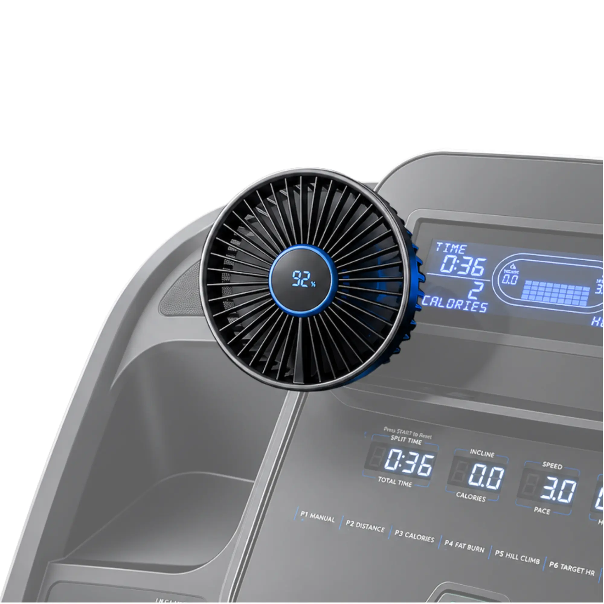 Treadmill Fan with Adhesive Magnetic Mount, Rechargeable Fan for Treadmill, Exercise Bike, Elliptical & Step Machine Consoles, 3 Speeds, Battery % Display, Adjustable Ball Joint