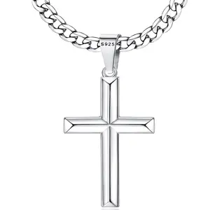 Milacolato [NEW] Unisex Beveled Edge Cross Pendant Necklace, 5mm Stainless Steel Figaro or Cuban Link Curb Chain, Unisex Jewelry, Gift Box Included