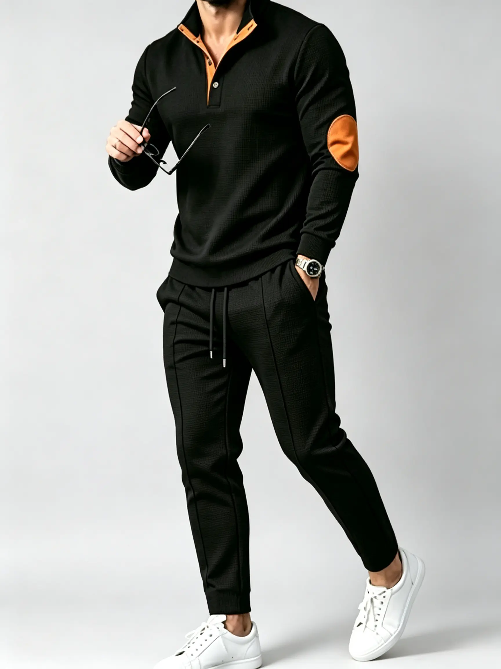 men 2 piece sets Men Waffle Knit Elbow Patch Polo Jogger Set
