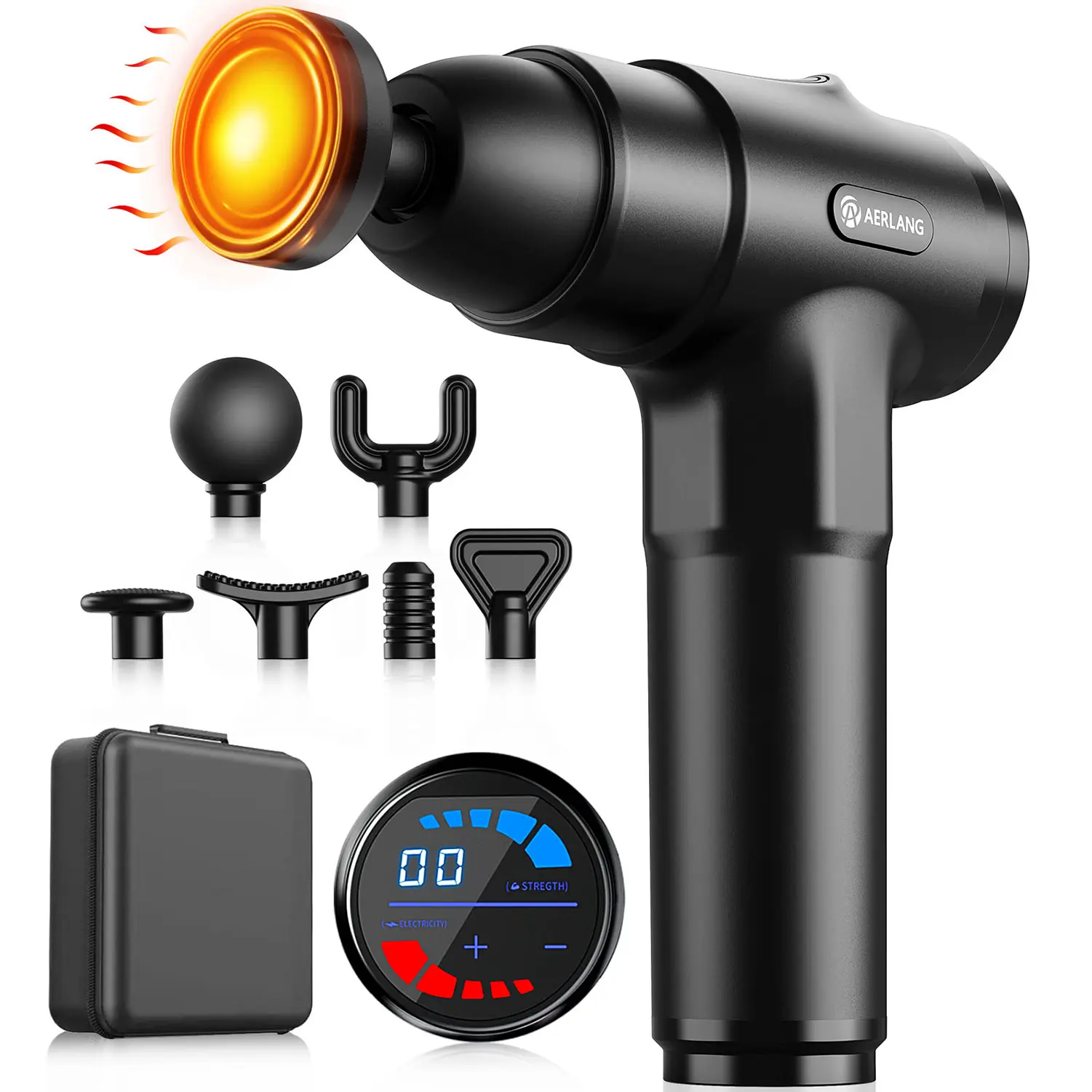 AERLANG Heat Massage Gun, 8 Heads, Adjustable Speed Levels, Silent Muscle Percussion Massager for Low Back & Neck Pain Relief, Home-Car Use, Beauty & Personal Care Therapy Gift, Low Back Pain Relief