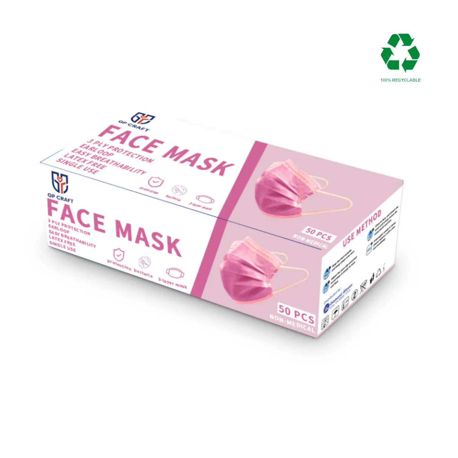 GP Craft Unisex Basic Blush Pink 3-Ply Non-Medical Cotton Disposable Earloop Face Masks - Soft and Breathable Protective Masks for Adults, Home Use (50 Pcs), Face Covering, Mask Pack