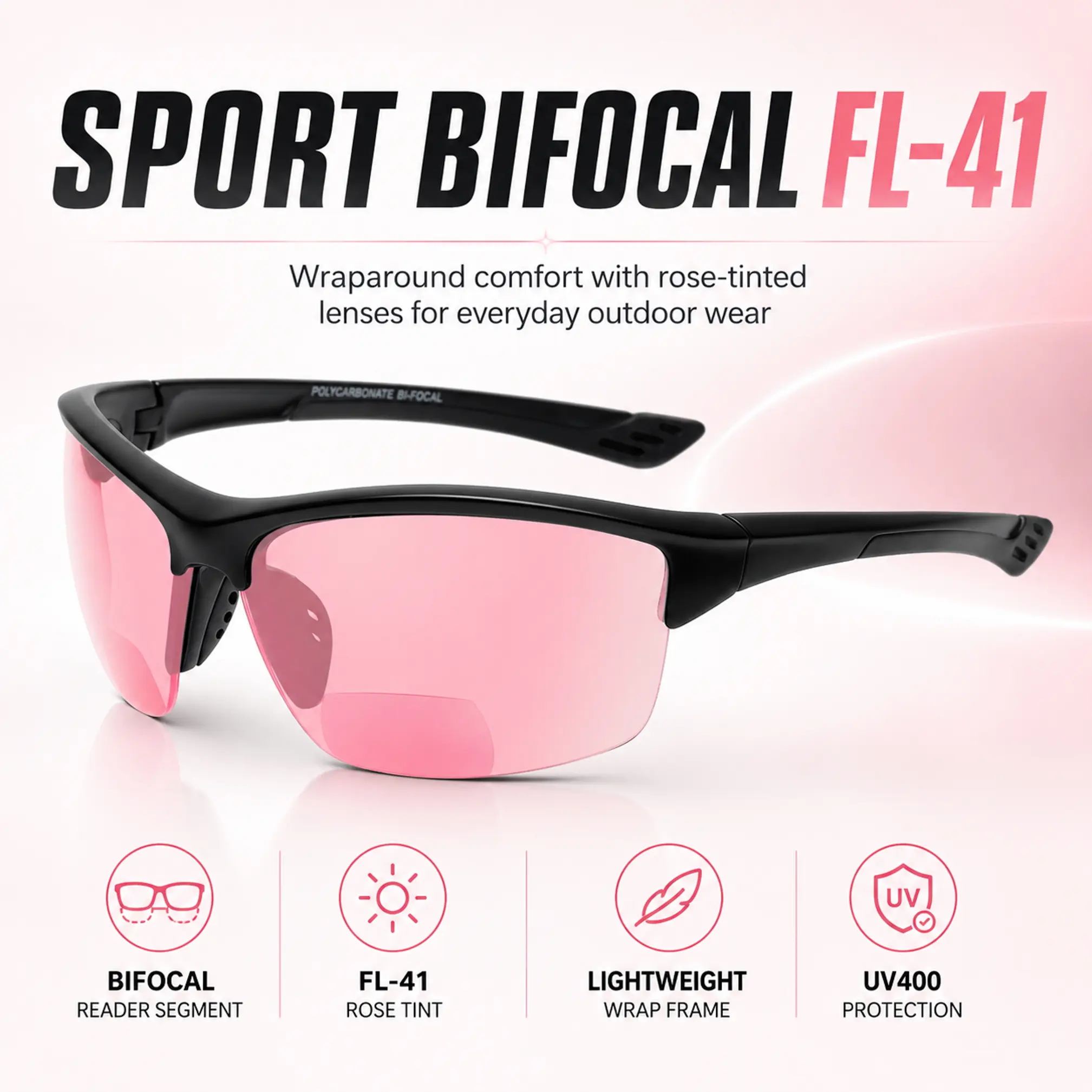 Medspex Sport 202BF FL41 Pink Bifocal Safety Glasses - Black Frame, Polycarbonate Tinted Lenses, Wrap-Around Design, UV400 Protection, Sun Protection, Light-Duty, for Hiking/Light Outdoor Migraine Reduction