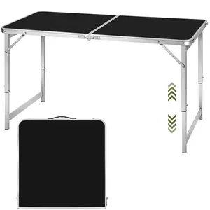4 Foot Rectangular Folding Dining Table Adjustable Height Settings with Carrying Handle Indoor & Outdoor Black Portable Design