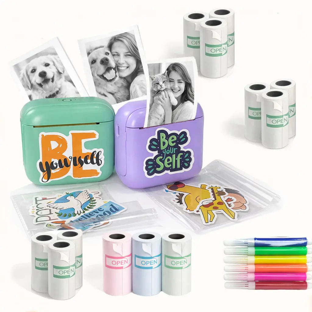 Portable Thermal Printer, 1 Set USB Rechargeable Wireless Printer with DIY Random Stickers Included, Optional 1 Roll/13 Rolls of Thermal Paper, Suitable for Home, Office, and School, Perfect Holiday Gift Choice Pocket Printer photo printer