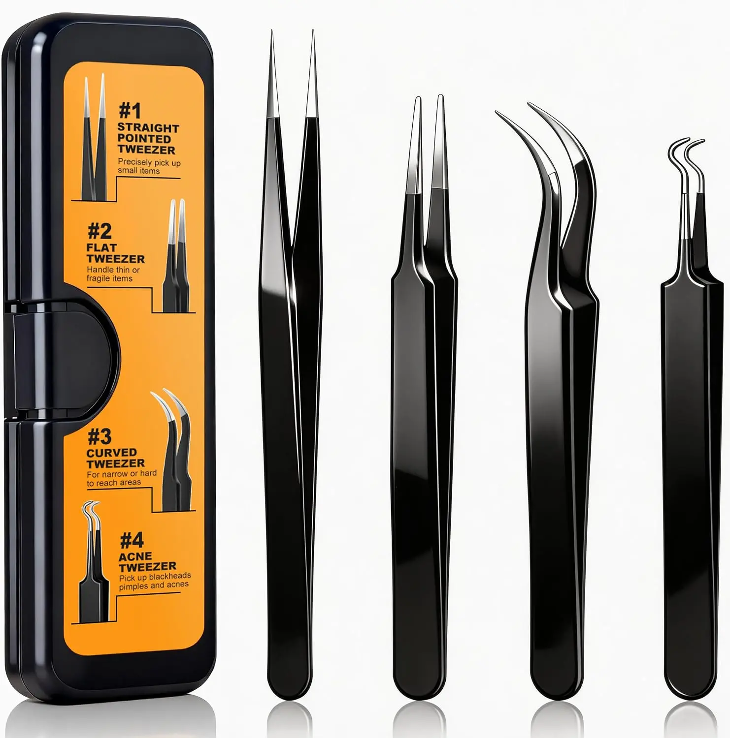 4-Pack Tweezers Set, Curved and Pointed Tweezer| For Craft, Electronics, Soldering, Jewelry, Lab Work, Eyelash Extension, Blackheads, Ingrown Hair Removal, with Case