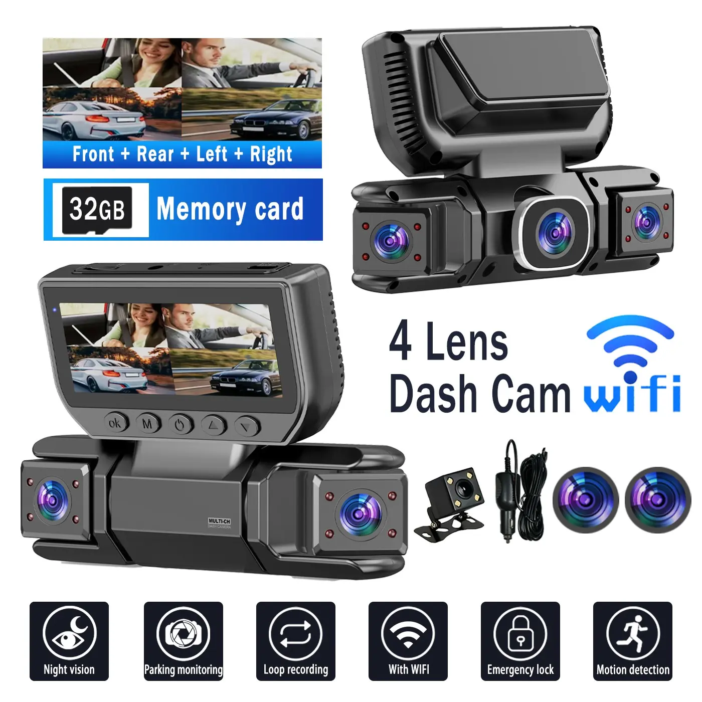 1080P Full HD Four-Channel Car Dvr, Front Rear Left Right Cameras, Night Vision, WiFi Car Dashcam, 32GB Storage Card Included, Loop Recording, Dash Camera For Car With Rear Camera Accident