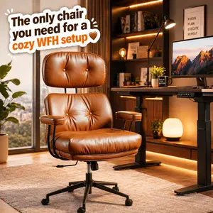 POUUIN Mid-Century Modern Ergonomic Office Chair - Extra Wide Deep Seat (Criss-Cross Friendly), Stain-Resistant PU Suede, 360° Swivel Function with Rotating Base