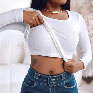 ChicMe Women Built-in Self Bra Notch Neck Long Sleeve Shirts Tops Ruched Waist Rib-Knit Top/Women's Seamless Camisole with Bra