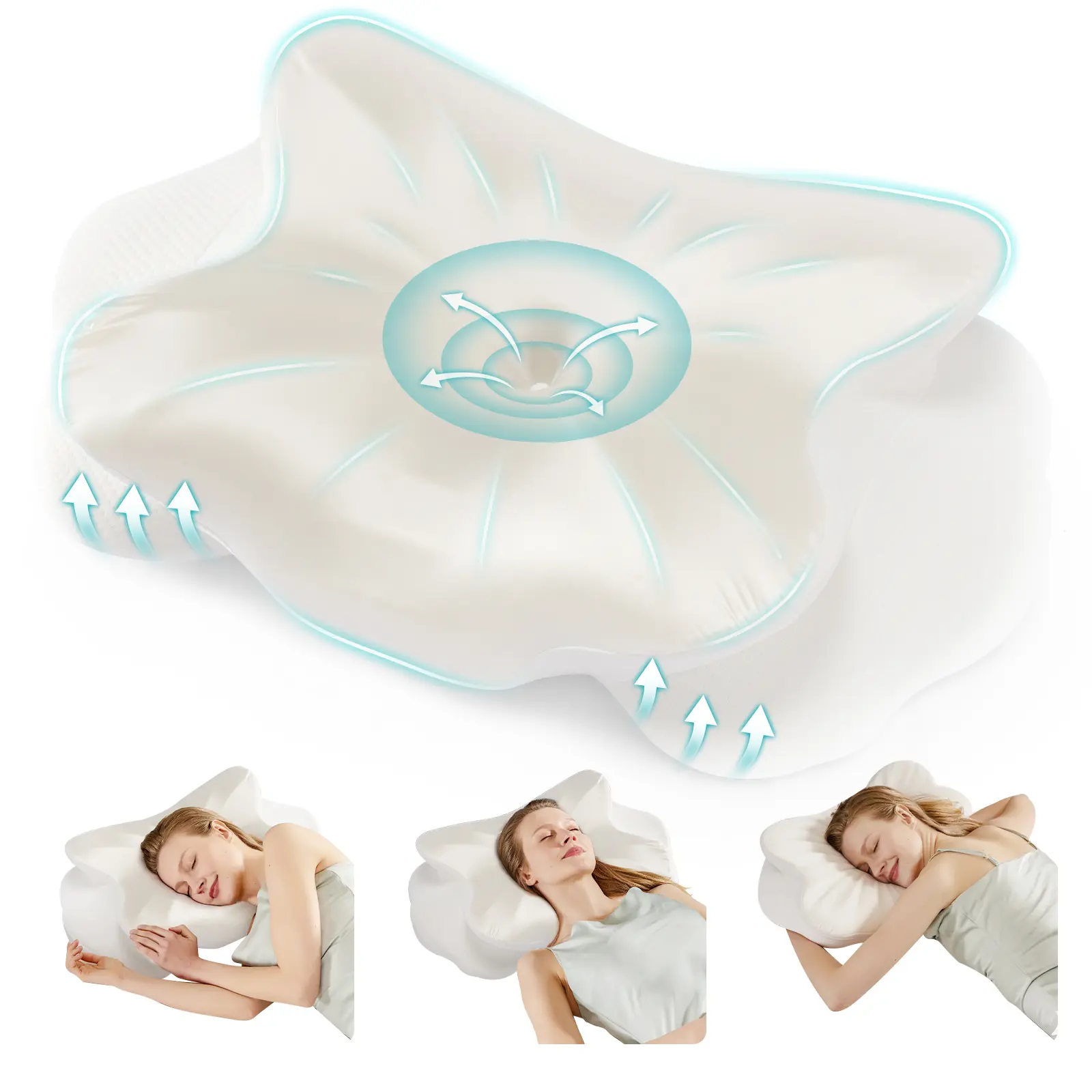 Ergonomic Contoured Memory Foam Pillow, Cervical Support Pillow with Dual Height Design & Arm Grooves, Breathable Removable Cover, Suitable for Side, Back & Stomach Sleepers, Queen Size