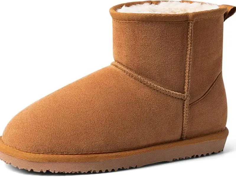 MUSSHOE Women's Plain Faux Fur Footwear - Ankle Height Round Toe Winter Booties, Lightweight Non-Slip TPR Sole, Warm Snow Boots, Chestnut/Black, End-of-Season Clearance, Slip-On Saves Time in Cold