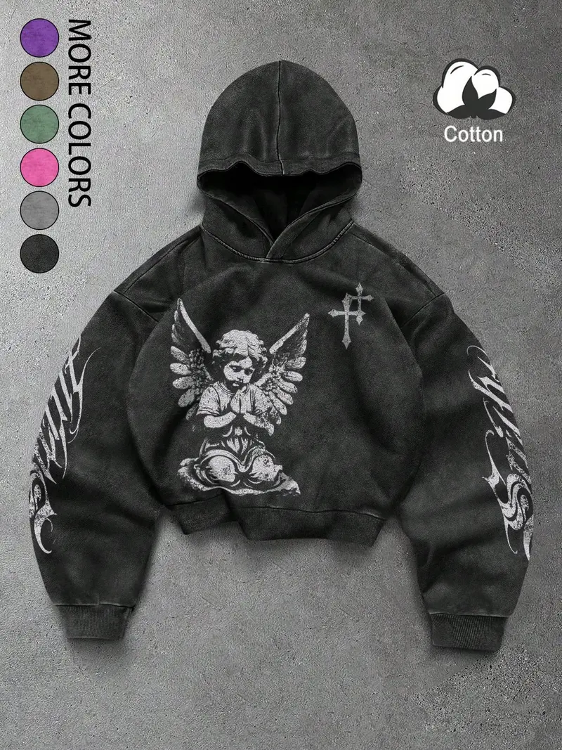 Unisex American Retro Dark Religious Angel Print Hoodie, Distressed Craft, Cross Logo, Letter Decoration, Casual Fall & Winter