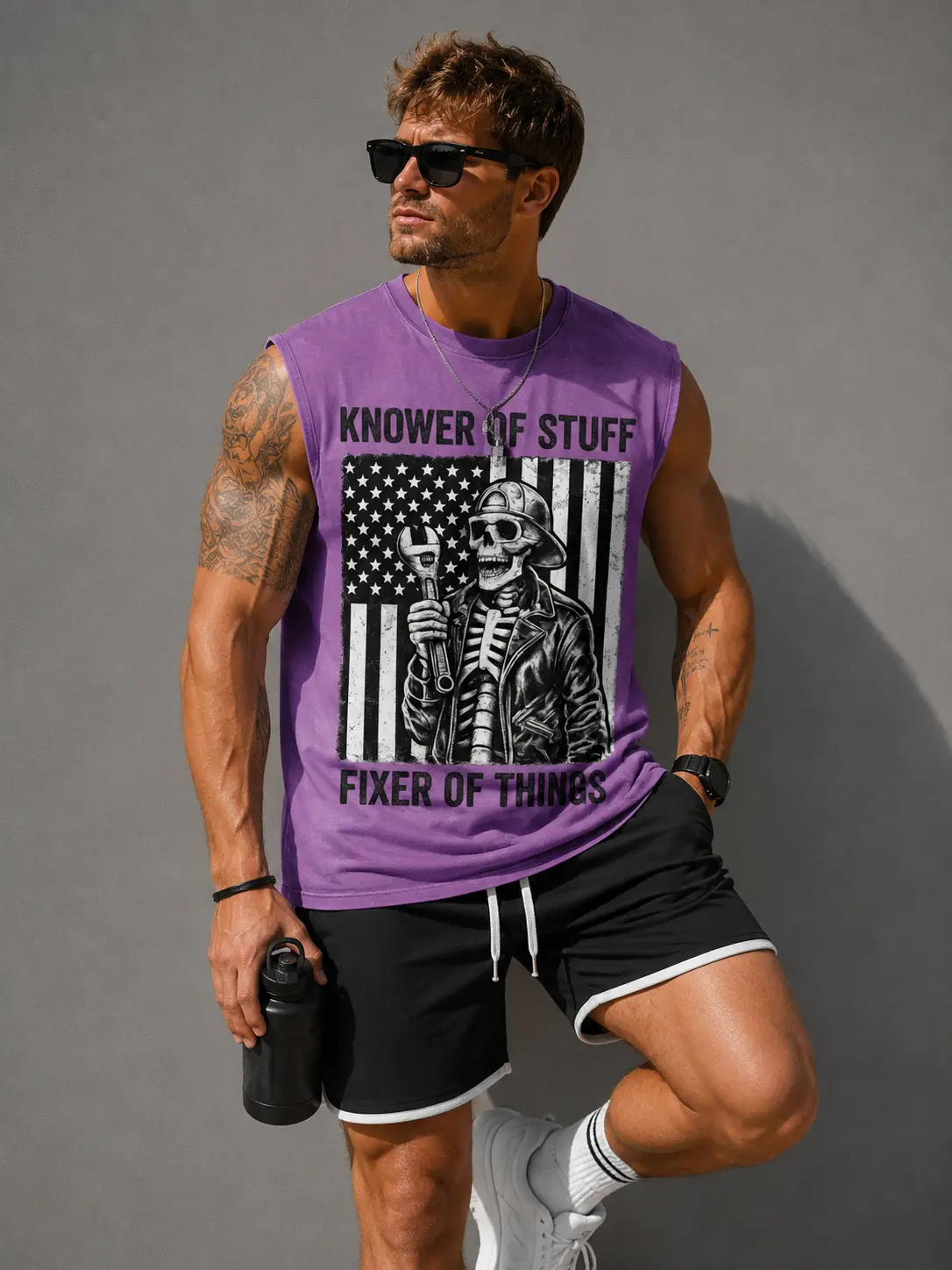 Vintage Mechanic Skull Graphic Sleeveless Tank Top | Knower of Stuff Fixer of Things Tank | Heavyweight Snow Wash Cotton Muscle Shirt | Men's Oversized Streetwear | Funny Garage Graphic Tank