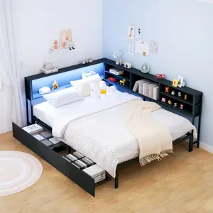 Full Size Metal Frame Daybed with Headboard, 2 Storage Drawers, Charging Station, LED Lights & Storage Bookcase, Full Corner Platform Bed, Bedroom Furniture Set, Black
