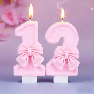 1pcs Red flashing number birthday candle with bow - elegant cake topper, suitable for parties, anniversaries, weddings, and Valentine's Day decorations, made of soft wax, perfect for creating a festive atmosphere