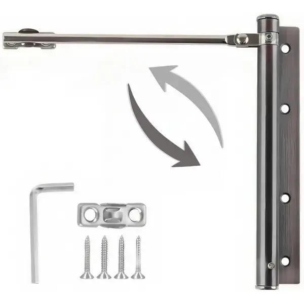 Automatic door closer, for doors weighing 50kg, 150° opening angle, spring-loaded self-closing hinges, adjustable latching speed, stainless steel, soft-closing automatic top latch, complete with arm, screw and wrench
