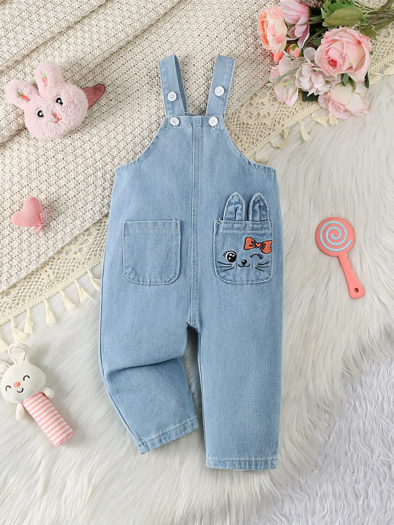 Girls' Denim Bib Pants, New Arrival Playful Summer Light Blue Washed Cotton Loose Fit Embroidery Comfortable Versatile Design, Perfect for Daily Wear & Casual Activities Overalls