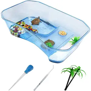 Plastic Turtle Tank Reptile Habitat Pet Terrariums Turtles Tank Aquarium Terrapin Basking Topper with Platform Plants Durable Safe Non-Toxic(Blue)