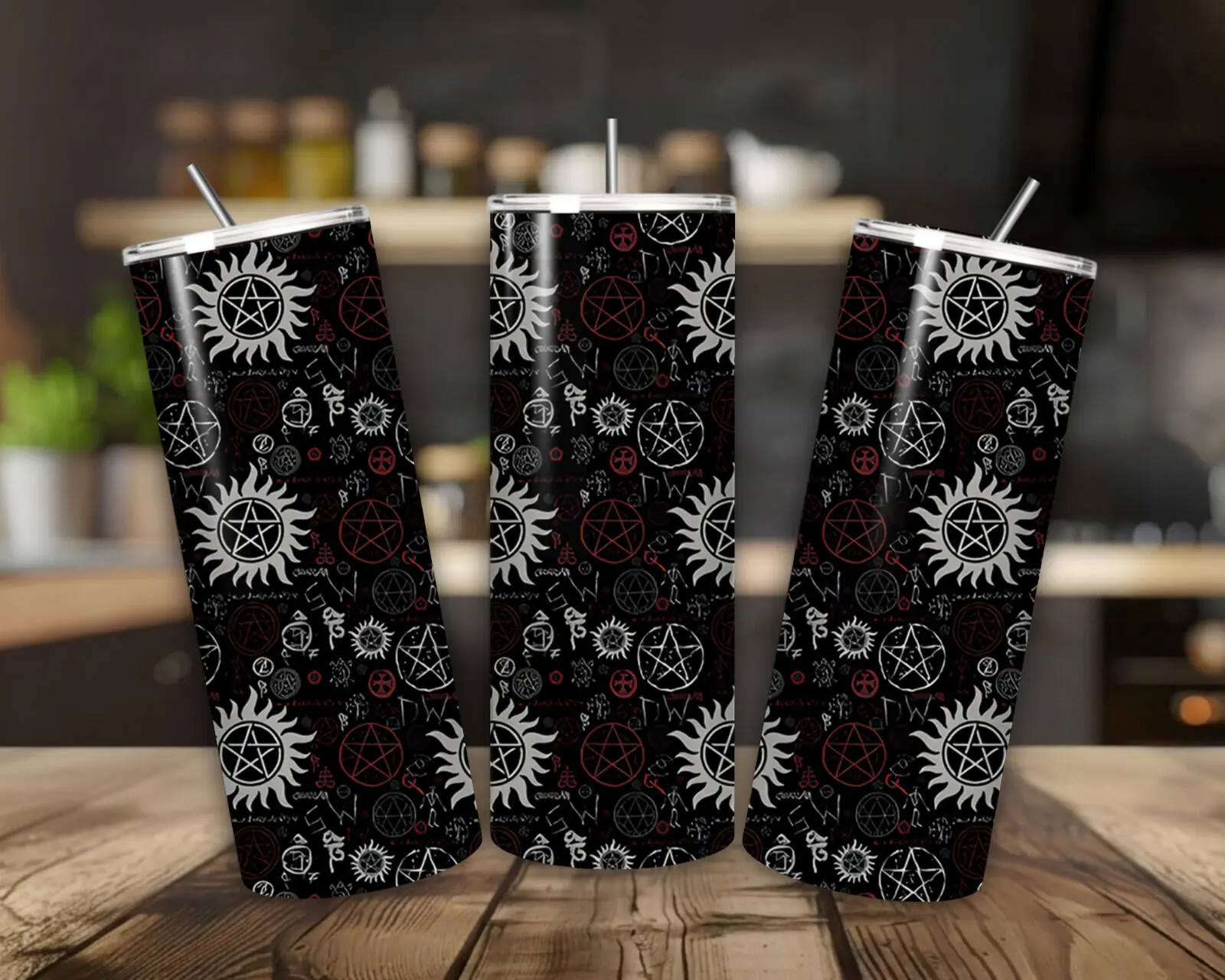 20 oz Supernatural Stainless Steel Tumbler with Lid, Straw - Symbols