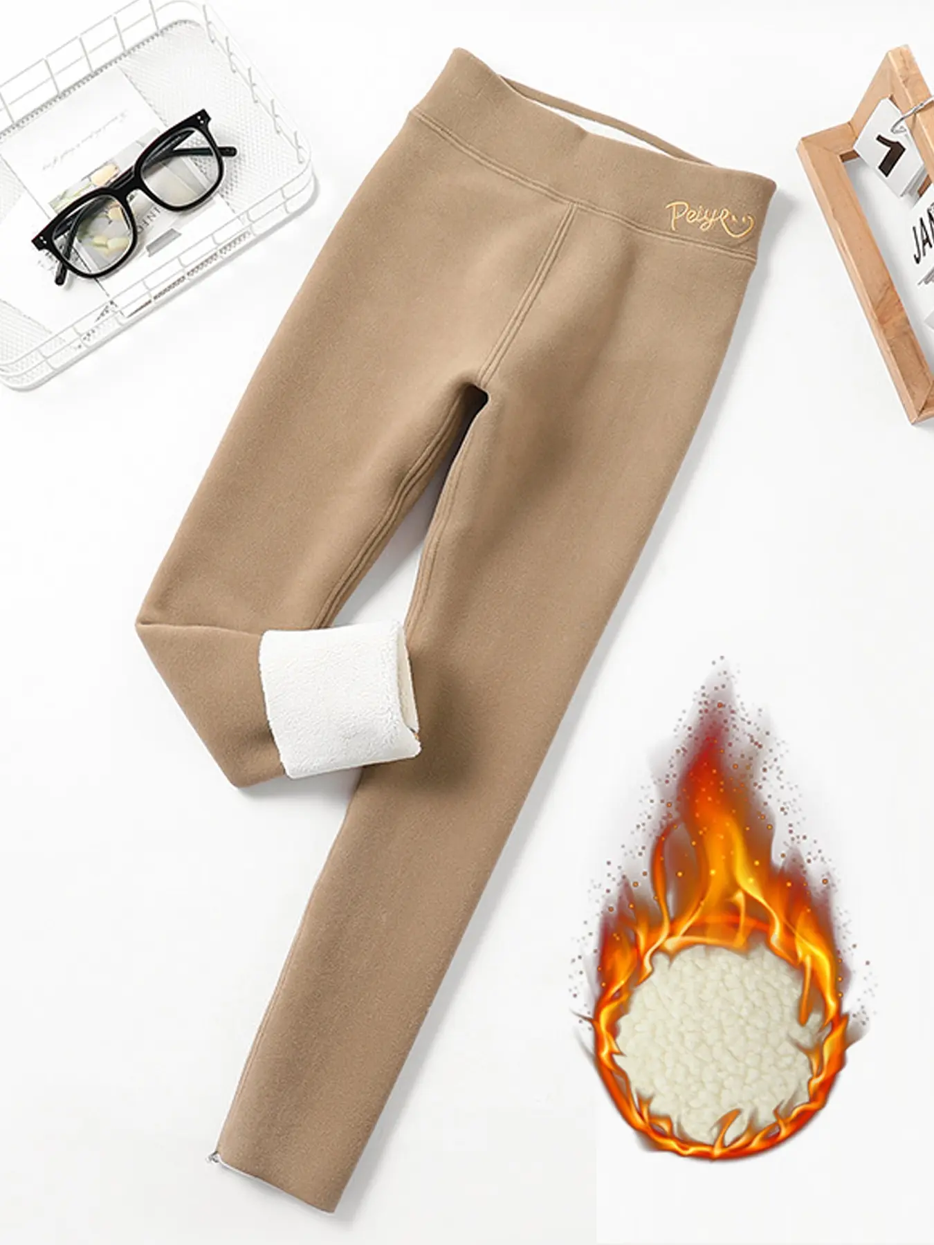Girls' High Waist Embroidered Fleece Lined Pants, Casual Fall Winter Warm Bottoms, Stylish and Versatile Clothing