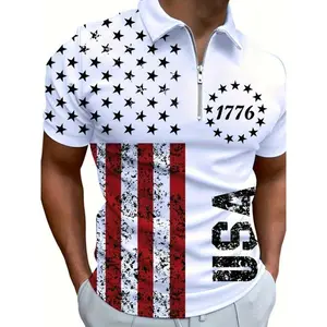 Men'S Casual Summer Polo Shirt, USA Flag Print, 100% Polyester Knit Fabric, Slight Stretch, Lapel Collar, Zipper Detail, Regular Fit, All Over Print Design, Weekend Casual Wear, 200gsm - Gift for Men