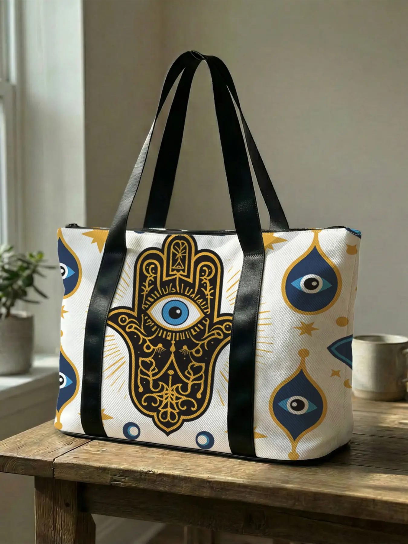 1 piece of Hamsa Hand & Evil Eye Themed Printed Handbag, Large Capacity Travel Duffel Bag, Portable Overnight Bag, Fashionable Travel Bag, Travel Essentials Bag, Yoga Gym Bag, Portable Crossbody Bag with Shoe Storage Compartment