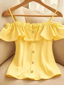 Women's Summer New Fashion Elegant Elegance Casual Solid Color Fitted Off-Shoulder Ruffled Ruffle Trim Open Front Shirt Top, Stylish and Comfortable Blouse, Womenswear