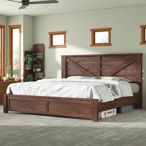 AMERLIFE Farmhouse Bed Frame with 49.2" Barn Door Headboard, Platform Bed Frame with Wood Slats, Under Bed Storage Space, Noisy Free, Easy Assembly/Best Gift Ideas/Christmas Gifts