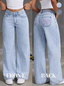 women's bow embroidery button fly straight leg jeans, casual comfy loose fit pocket denim pants for daily wear, chic ladies bottoms for fall & winter, baggy pants, jeans for women, womenswear, cotton trouser, baggy jeans, streetwear, light wash jeans