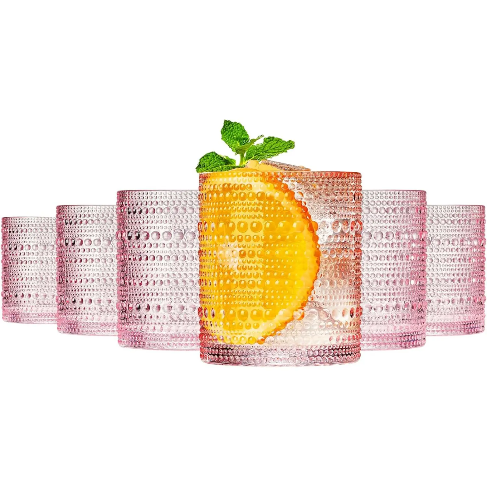 Khen Hobnail Beaded Highball Drinking Tumbler Glasses | Set of 6 | Pastel Pink Color, Vintage Bubble Design Whiskey Glassware, Rocks Glasses