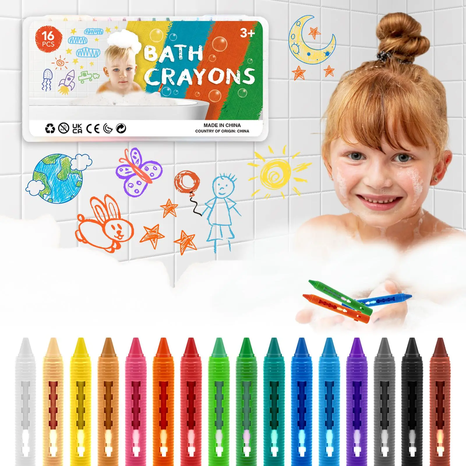 Washable Crayon Set, 16pcs/set Easy Cleaning Bath Crayons, Colorful Fun Bath Time Bathtub Markers Toys, Shower Crayons for Kids, Coloring Markers, Gift, School Supplies