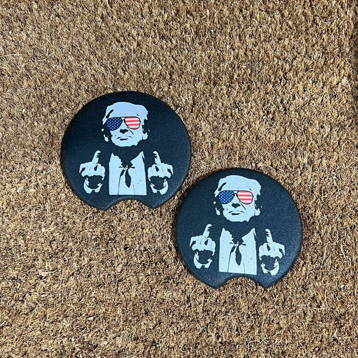 President Donald Trump Finger American Flag Anti-Slip Coasters for Men & Women - Round Car Interior Decoration Accessory MAGA Maha Patriotic Patriot new car gift round car cup holder coaster