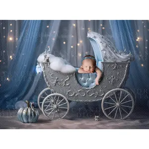 Blue and Silver Princess Carriage Newborn Digital Backdrop