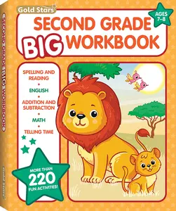 Second Grade Big Workbook Ages 7 - 8: All Subjects including 220+ Activities, Spelling and Reading, English, Addition and Subtraction, Math, Telling Time (Gold Stars Series) Paperback