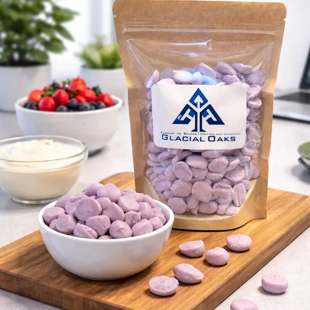 Freeze-Dried Blueberry Yogurt Bites, Crispy Snack with Room Temp Storage Capability