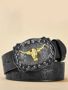 Men's Vintage Western Cowboy PU Belt with Bull Head Metal Buckle, Stylish Retro Design for Casual Wear, Durable Fashion Accessory, Boho Style Belt, Western Belts, Trendy Belt