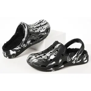 Mens Womens Lined Garden Clogs Unisex Fur Lining Gardening Slip on Sandals Winter House Home Fuzzy Slippers Marbled Clog with Arch Support