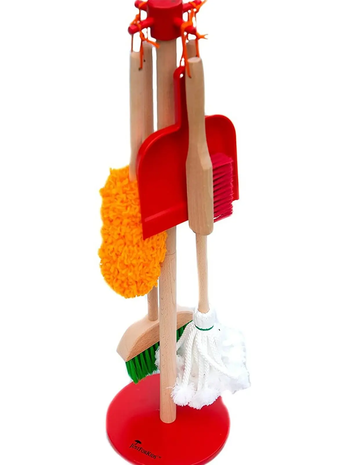 JustForKids Plant-Based Wood Detachable Kids Cleaning Set - 6-Piece Housekeeping Cleaning Supplies with Duster, Brush, Mop, Broom, Hanging Stand, Easy-Assembly STEM Pretend Play Toys for 3-4 Years Toddlers, Multi-Color, 10071